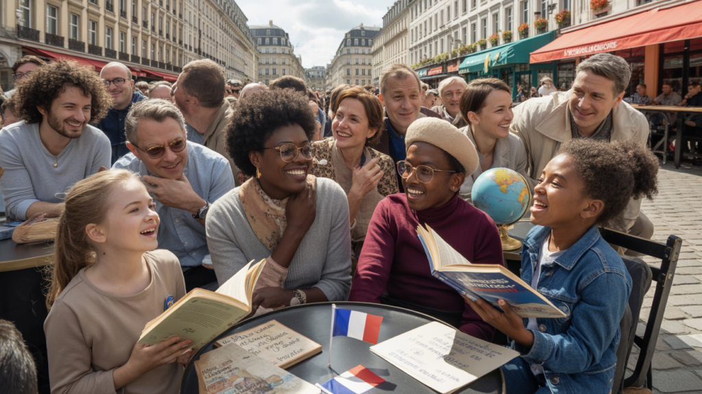 Scène réaliste d'une place publique européenne animée où des personnes francophones interagissent naturellement autour de livres et de cafés, célébrant la francophonie dans une ambiance vivante et authentique.