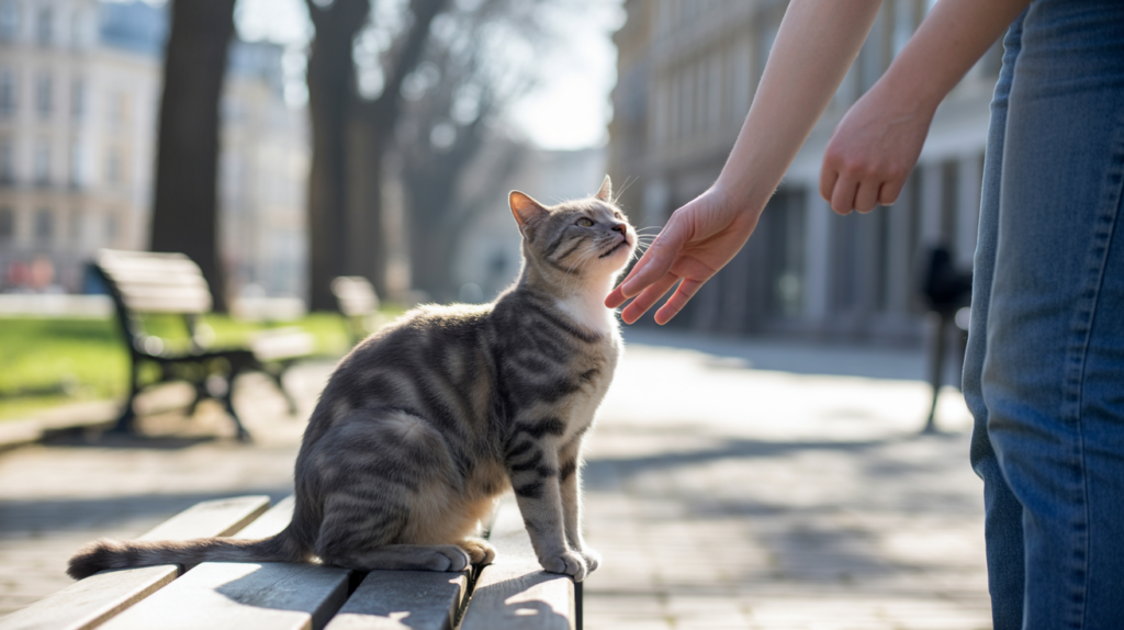 Chat domestique assis sur un banc de parc au soleil tandis qu’une main humaine le caresse, dans une scène extérieure réaliste et chaleureuse.