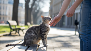 Chat domestique assis sur un banc de parc au soleil tandis qu’une main humaine le caresse, dans une scène extérieure réaliste et chaleureuse.
