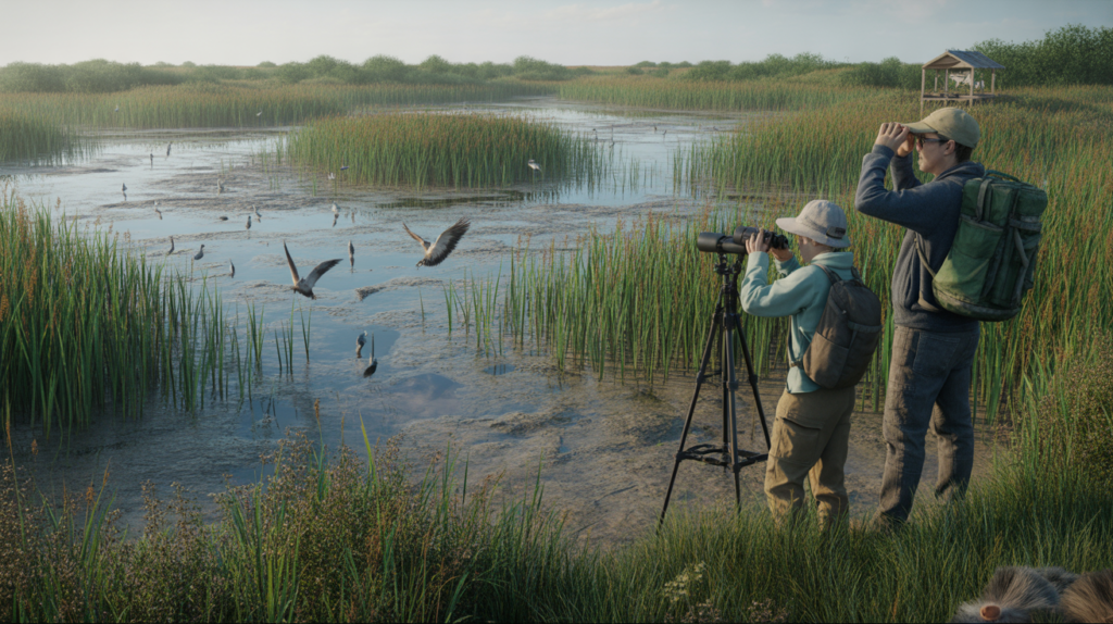 Paysage réaliste de zone humide au lever du soleil avec des scientifiques observant les oiseaux dans un marais naturel.