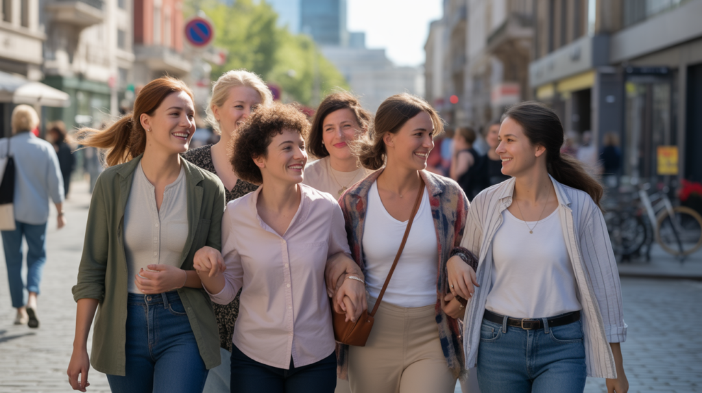 Scène réaliste de femmes diverses marchant ensemble dans une rue européenne, évoquant solidarité et progrès.