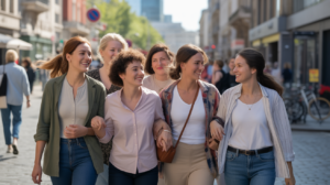Scène réaliste de femmes diverses marchant ensemble dans une rue européenne, évoquant solidarité et progrès.