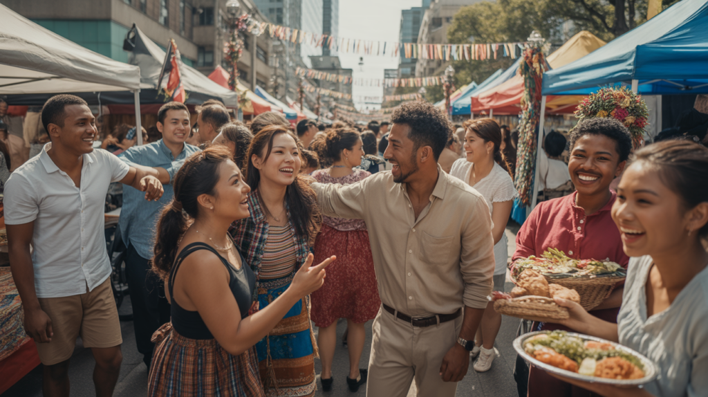 Scène réaliste d’un festival culturel réunissant des personnes de diverses origines célébrant leurs traditions dans une rue animée.