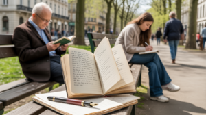 Scène réaliste dans un parc européen au printemps avec un carnet de poésie ouvert sur un banc, des passants absorbés dans la lecture et l’écriture, lumière naturelle et atmosphère authentique.