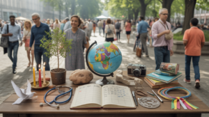 Scène réaliste en plein air montrant une table remplie d’objets symbolisant différentes journées mondiales, avec un parc animé en arrière-plan et des personnes réelles.