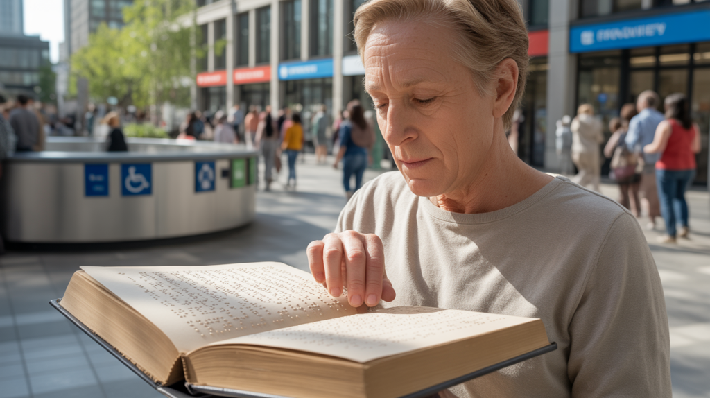 Personne malvoyante lisant un livre en braille dans une bibliothèque publique moderne avec des éléments d’accessibilité authentiques.