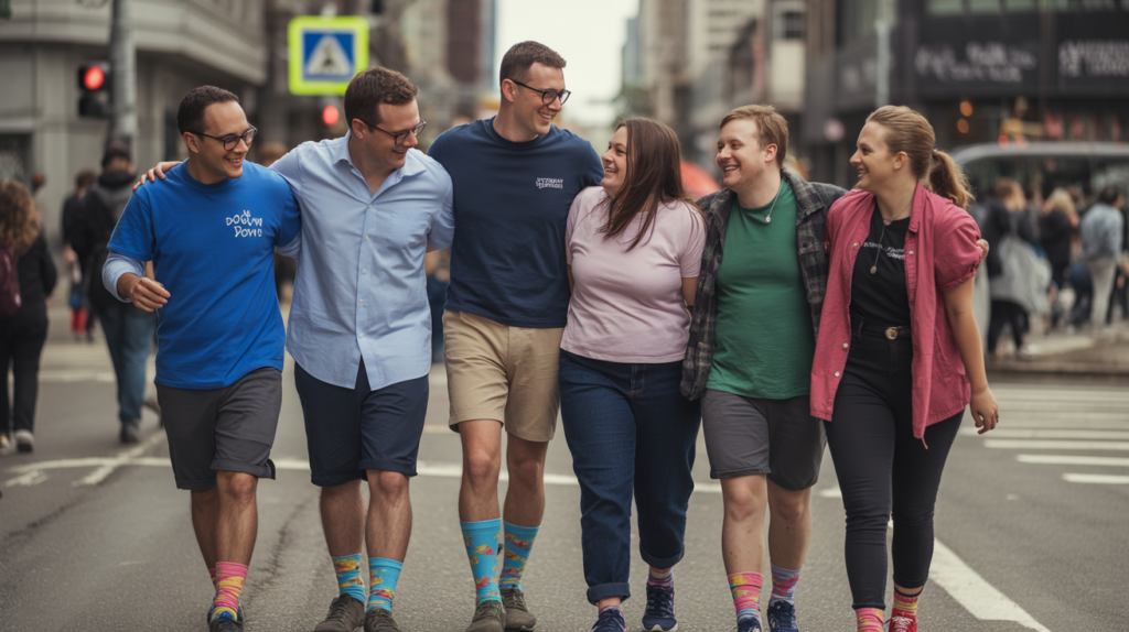 Scène de rue authentique montrant des adultes avec et sans trisomie 21 marchant ensemble avec des chaussettes dépareillées lors d’un événement de sensibilisation, dans un décor urbain réel et naturel.