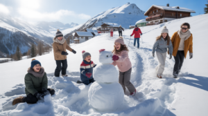 Scène hivernale naturelle et réaliste montrant des familles et amis profitant d'activités dans la neige dans un paysage alpin.