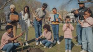 Scène extérieure réaliste dans un parc en mars montrant des personnes diverses participant à des activités liées à la nature, à la santé, à la culture et à la solidarité.