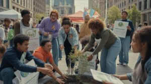 Scène urbaine réaliste montrant des personnes diverses participant à des actions de sensibilisation sociale dans un espace public animé.