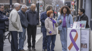 Scène réaliste d’un événement de sensibilisation au cancer dans une rue, avec des personnes authentiques autour d’un stand d’information.