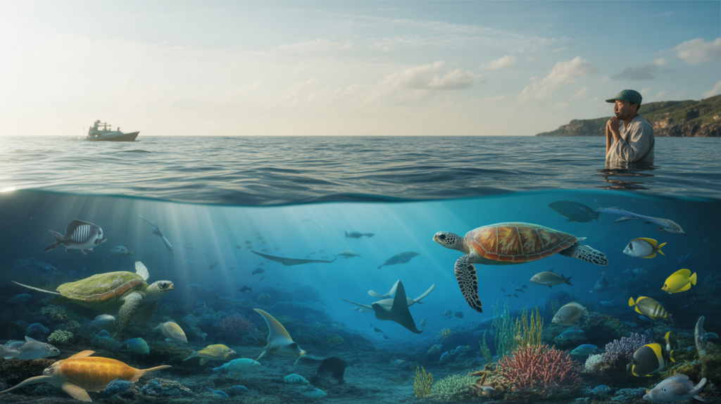 Scène réaliste montrant la vie marine colorée sous la surface et un océan calme en surface, symbolisant la protection des océans.