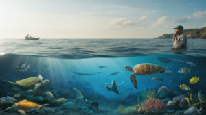 Scène réaliste montrant la vie marine colorée sous la surface et un océan calme en surface, symbolisant la protection des océans.