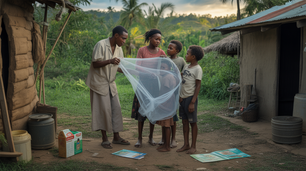 Scène réaliste d’un agent de santé montrant l’usage d’une moustiquaire à une famille dans un village tropical, éclairée par une lumière naturelle et entourée de détails authentiques du quotidien.