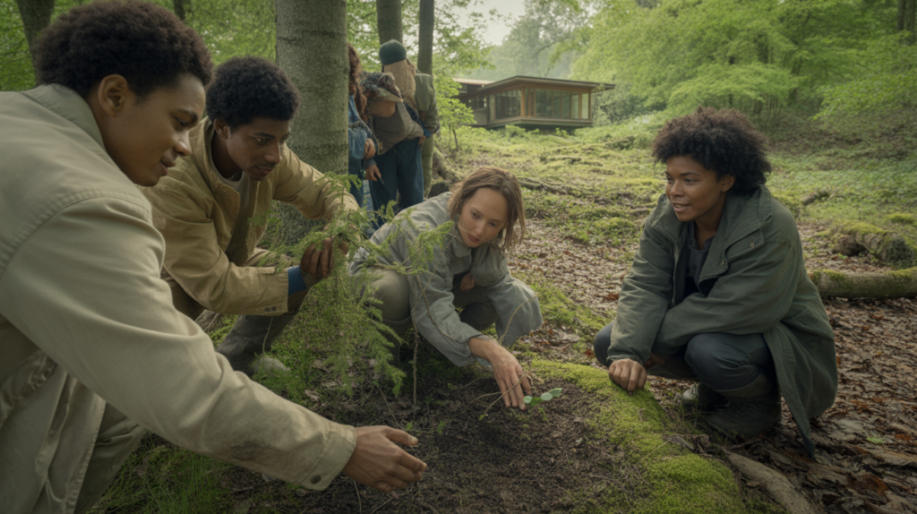 Scène réaliste de personnes observant et protégeant une forêt ancienne au lever du soleil, avec une station forestière discrète en arrière-plan.