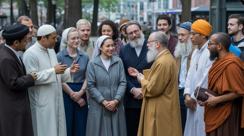 Scène réaliste de personnes de différentes religions discutant ensemble dans un parc public.