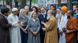 Scène réaliste de personnes de différentes religions discutant ensemble dans un parc public.