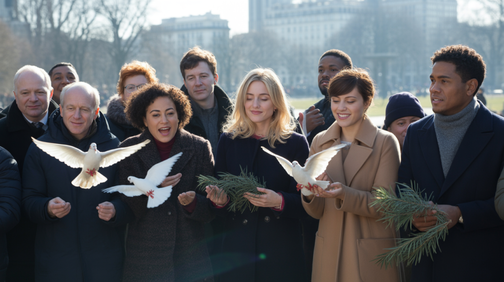 Scène réaliste de personnes diverses libérant des colombes et tenant des rameaux d’olivier dans un parc urbain en hiver pour symboliser la paix mondiale.