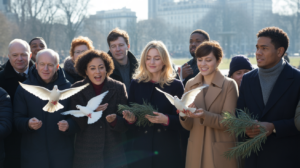 Scène réaliste de personnes diverses libérant des colombes et tenant des rameaux d’olivier dans un parc urbain en hiver pour symboliser la paix mondiale.