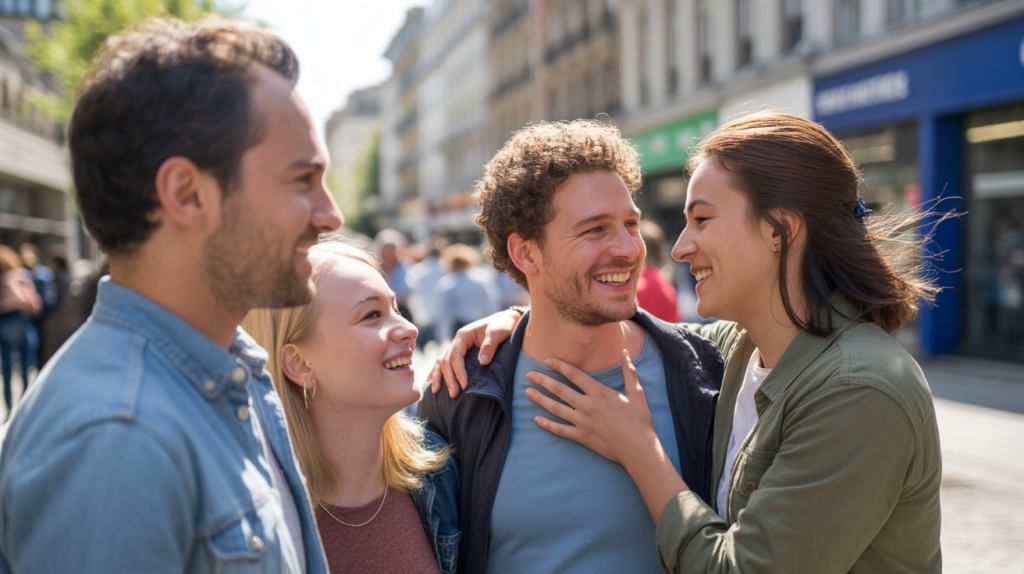 Scène de rue authentique montrant des personnes échangeant des compliments avec des expressions chaleureuses dans un décor urbain réel.