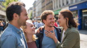 Scène de rue authentique montrant des personnes échangeant des compliments avec des expressions chaleureuses dans un décor urbain réel.