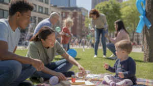 Scène réaliste dans un parc urbain lors d’un événement de sensibilisation à l’autisme, montrant familles et bénévoles dans une ambiance naturelle et chaleureuse.